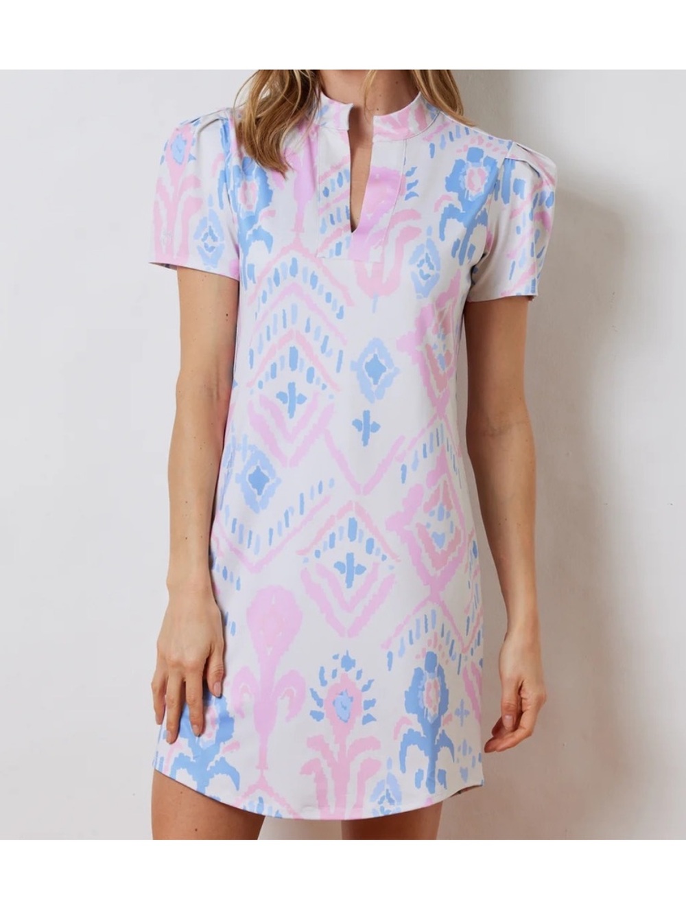 Dudley Stephens Tuckernuck Parker Puff Sleeve Dress Luxe Stretch Pink Blue Large